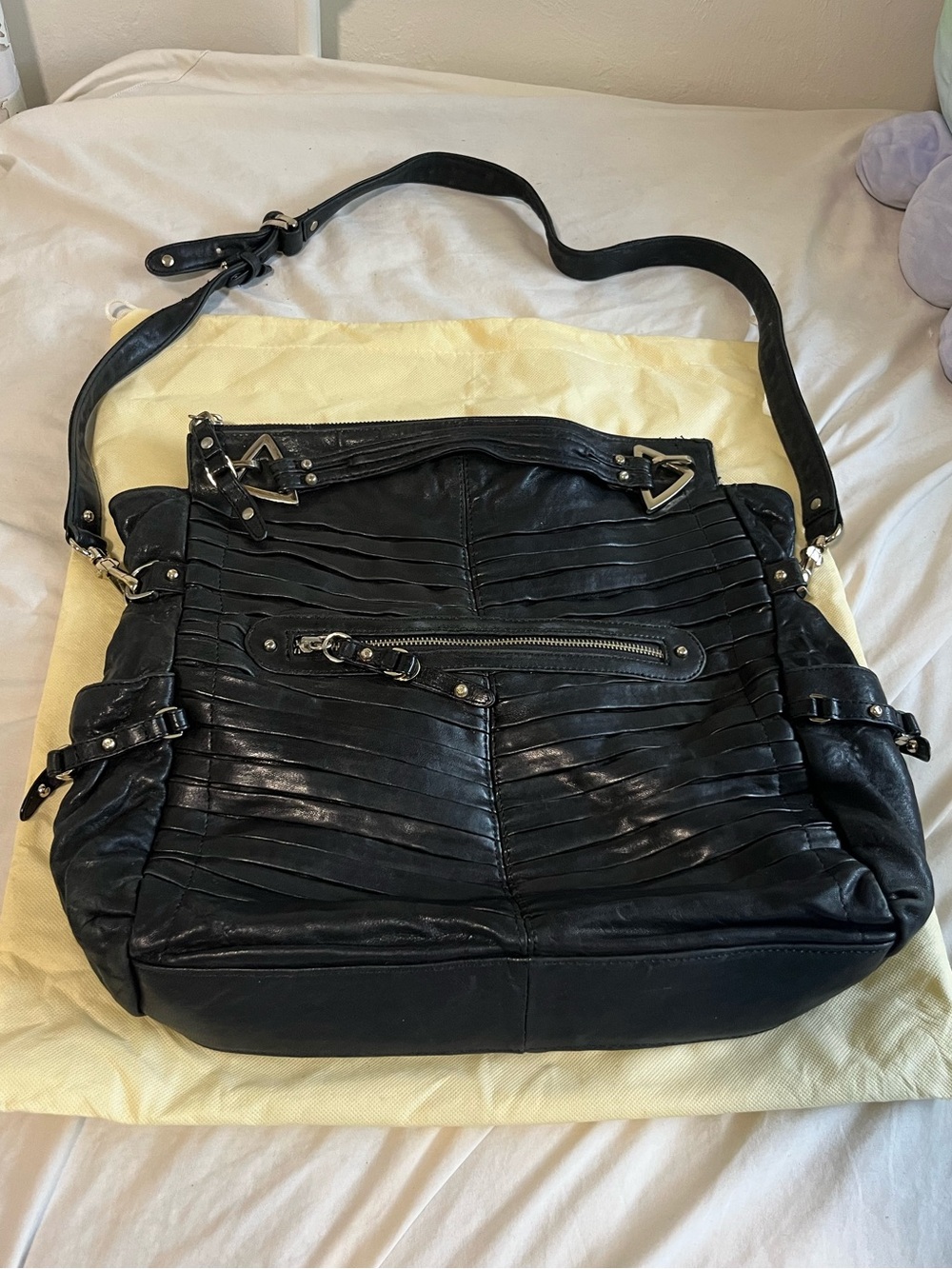 Junior Drake “Gail” pleated black leather satchel with crossbody.